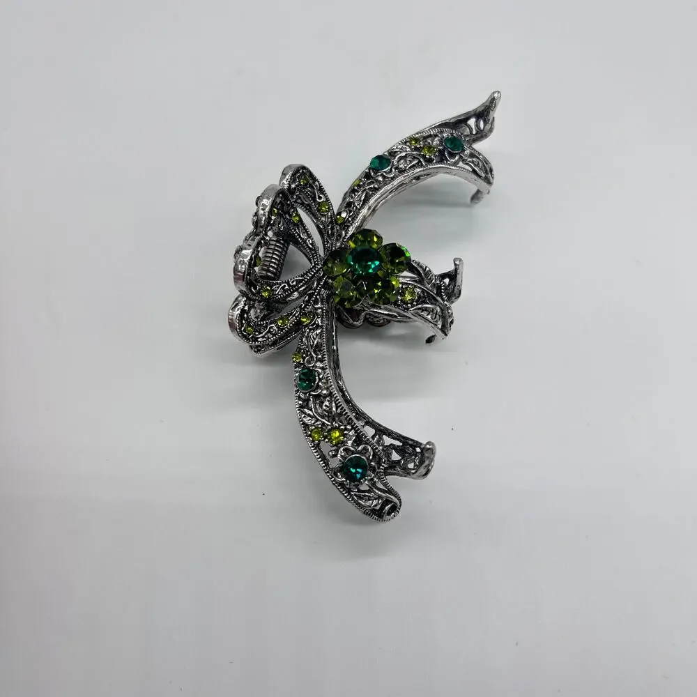 Vintage Claw Clip Silver Tone Floral Green Rhinestones Hair Costume Jewelry